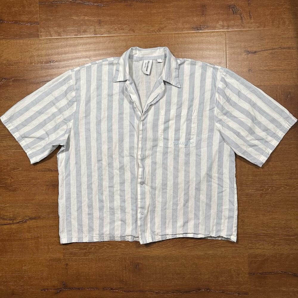 Collusion Button Up Camp Collar Shirt Mens L White Gray Stripe Boxy Oversized